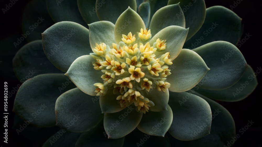 Fototapeta premium Close-up macro shot of a succulent plant's bloom, showcasing delicate yellow and red flowers amidst muted green leaves against a dark background.