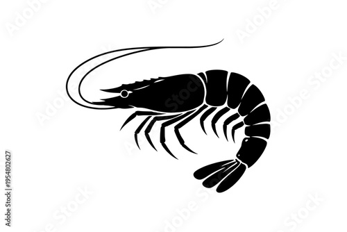 Elegant black silhouette vector illustration of a fresh, delicious shrimp or prawn, ideal for seafood menus, fish market branding, marine animal iconography, aquaculture designs, culinary art, and aqu