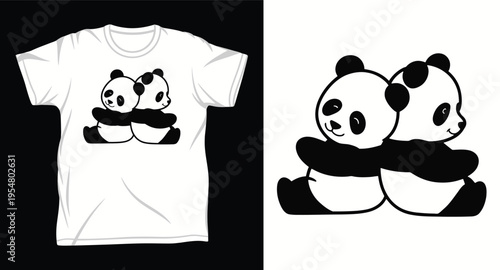 Two adorable cartoon pandas sitting and hugging each other, cute panda friends embracing, t-shirt design