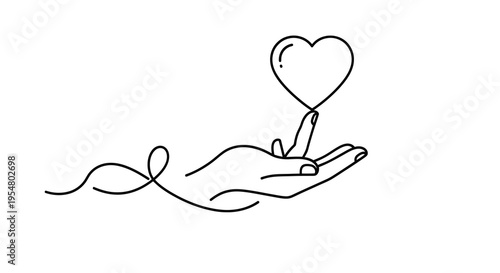 Heart icon balanced on human hand finger line art illustration