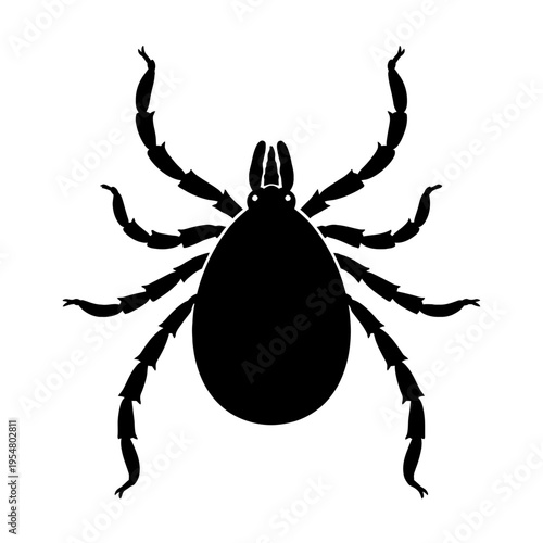 Black silhouette vector of a tick, an arachnid parasite. This dangerous blood-feeder is a major public health threat, vectoring diseases like Lyme, anaplasmosis, ehrlichiosis. Vital for pest control,