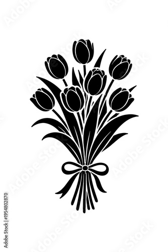 Elegant black silhouette of a tulip bouquet tied with a ribbon bow. Timeless floral illustration for spring, nature, decorative design, cards, invitations, logos, print, web, crafts. Classic charm, re