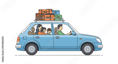 Family Road Trip Driving Car with Luggage on Roof Rack Illustration