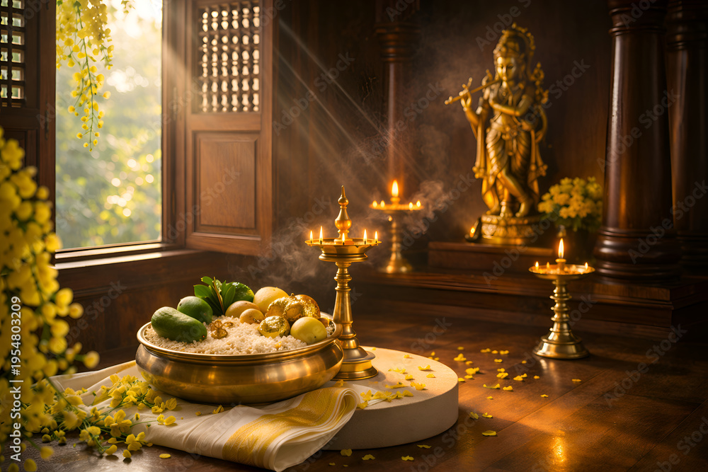 Obraz premium Kerala Vishukkani by Wooden Window in Morning Sunlight – Traditional Festival Background 16:9