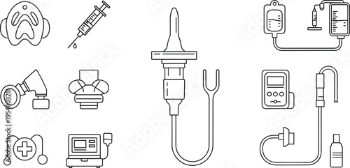 Medical equipment icons set with oxygen mask IV drip syringe and monitoring devices line art vector illustration