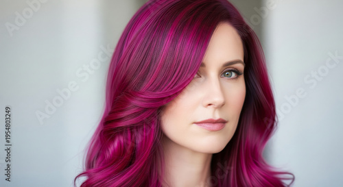 A striking rear view of a woman with beautiful hair dyed a vibrant magenta color.