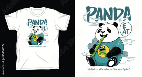Panda eating bamboo cool cucumber oyster cartoon character with frog shirt.