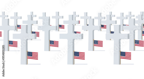 A solemn field of white crosses and American flags, a powerful symbol of national remembrance and sacrifice for fallen heroes
