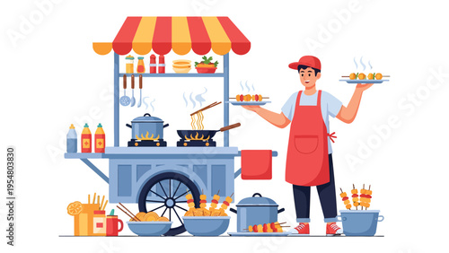 Street Food Vendor: A dedicated street food vendor prepares and presents an array of delicious culinary delights from his vibrant cart.