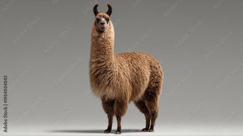 Naklejka premium Full body shot of a fluffy brown llama standing on a plain gray background.