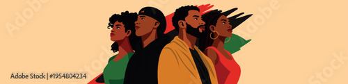 Juneteenth, African American Freedom Day, Independence Day, Emancipation Day, June 19th. Men and women looking upward in color palette symbol liberation, equality, empowerment, unity. Vector banner