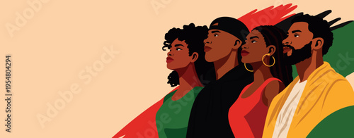 Juneteenth, Emancipation Day, African American Freedom Day, Independence Day, and Emancipation Day. Men and women looking upward in color palette symbol liberation, equality, empowerment.Vector banner