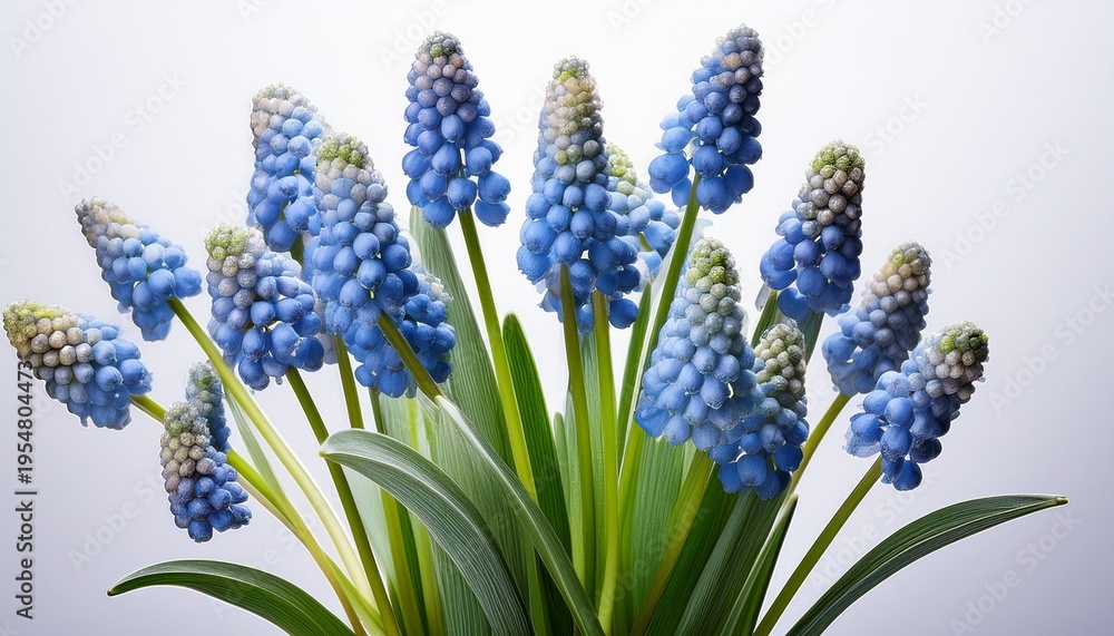 Fototapeta premium Blue Muscari Flower With Green Leaves Isolated On A Transparent Background