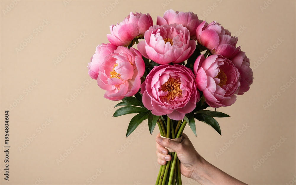 Fototapeta premium Hand holds pink peonies against a soft beige background.