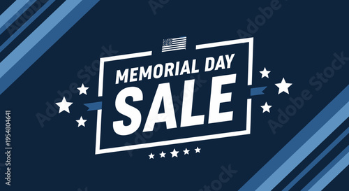 Memorial Day Sale Patriotic Banner with American Flag and Stars on Blue Background