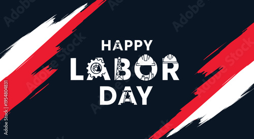 Happy Labor Day Industrial Graphic Design with Worker Icons and Patriotic Brush Strokes