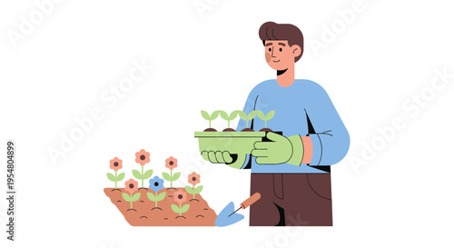Gardener Holding Seedlings with Green Gloves in Front of Flower Bed and Tools on White Background