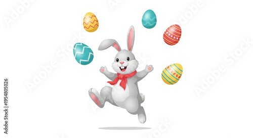 Cheerful bunny character joyfully juggling colorful decorated Easter eggs in a festive spring scene