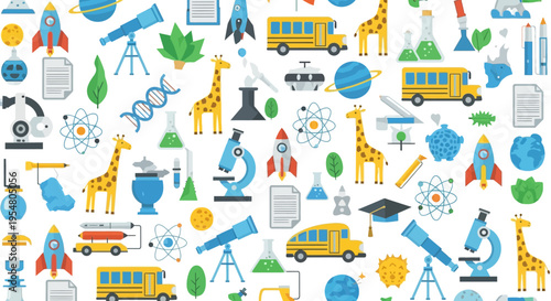 Seamless Pattern with Education and Science Icons: School Bus, Rocket, Microscope, and Giraffe in Flat Vector Style