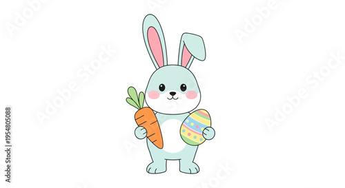 Cute cartoon rabbit holding a carrot and decorated egg ideal for festive spring celebrations and seasonal promotions