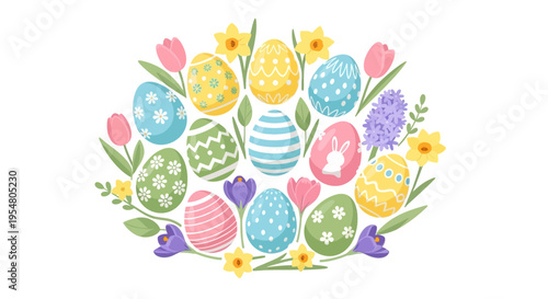 Colorful Easter Eggs Surrounded by Spring Flowers for Festive Seasonal Celebrations and Decorations