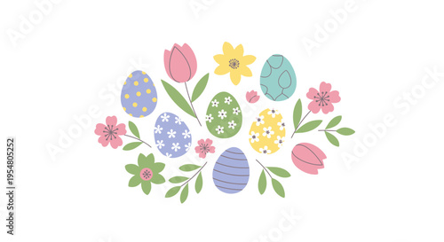 Colorful Easter Eggs and Flowers Arrangement for Seasonal Celebrations and Festive Decorations