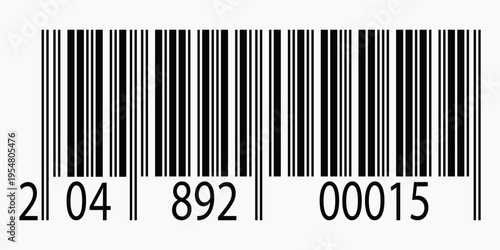 EAN code label, linear barcode for retail scan systems. Black stripes on white. Vector element for packaging and product information.