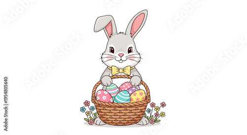 Cute bunny character holding a basket filled with colorful decorated eggs perfect for Easter celebrations and springtime festivities