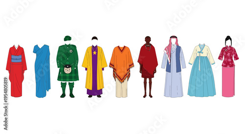 A vibrant collection of traditional clothing from diverse cultures around the world