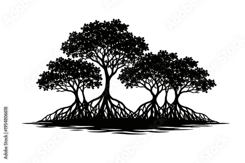 Detailed vector silhouette of majestic mangrove trees, showcasing iconic interwoven stilt roots. This powerful illustration captures coastal ecosystem vitality, biodiversity, environmental resilience,