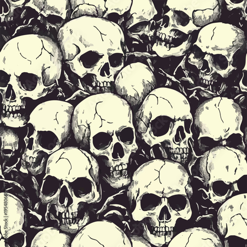 Seamless Halloween pattern with pumpkins, skulls, bats and spider webs in dark vintage style. Spooky detailed illustration perfect for seasonal backgrounds, textiles, prints and festive design.