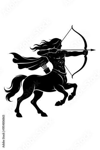 Dynamic Centaur Archer Silhouette: Powerful Mythical Hunter with Bow & Arrow, embodying Greek Mythology and the Sagittarius Zodiac Sign. A striking black vector illustration of an ancient warrior for