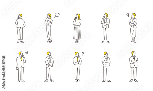 考える、困っているビジネスパーソンの線画イラストセット