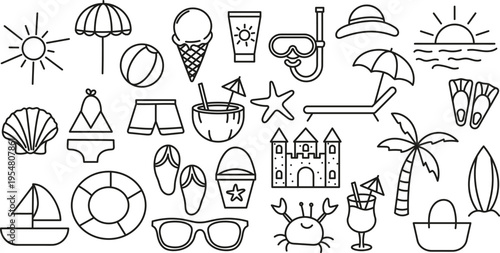 Zestaw bazgrołów plażowych. Rysunki wakacyjne.