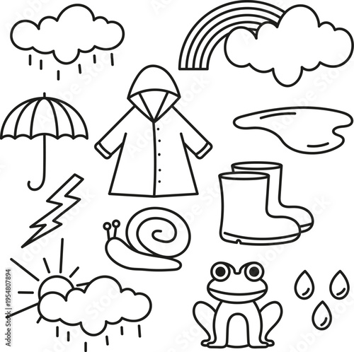 Rysunki z deszczową pogodą. Ręcznie rysowane elementy. Bazgroły deszczowy dzień.