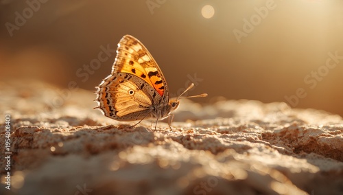 Perching orange-brown butterfly showing folded wings on textured rock at golden hour, with bokeh
