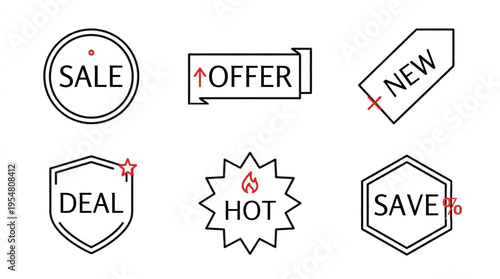 Set of 6 Outline Sale and Offer Vector Icons for E-commerce, Marketing, and Promotions