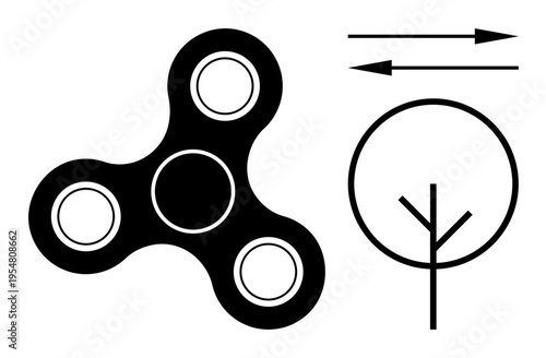 Creativity, motion, relaxation, nature, abstract , minimalism. Black fidget spinner, tree icon and arrows in a modern minimalist layout. Creativity and motion concept