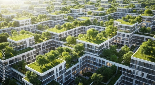 Aerial view of modern ecofriendly residential complex with green roofs and trees in a suburban setting with white buildings