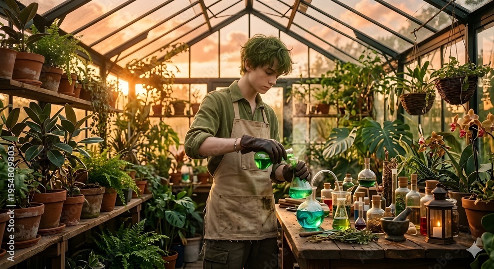 Obraz premium Young Alchemist with Green Hair Making Potions in Greenhouse