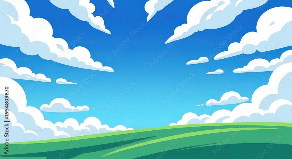 Obraz premium Cartoon landscape with green hills and blue sky with white clouds