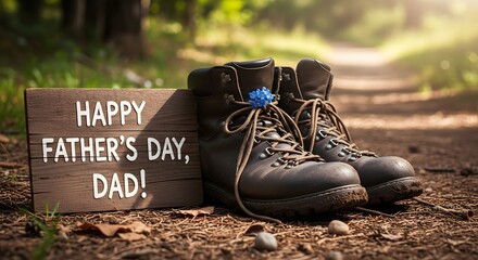 Happy father's day dad hiking boots and wooden sign in forest