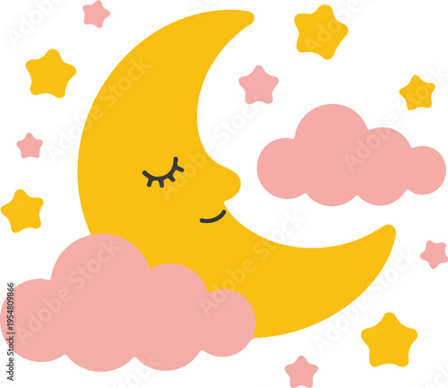 Cute sleeping crescent moon vector illustration with pink clouds and yellow stars for nursery decor baby shower and children wallpaper