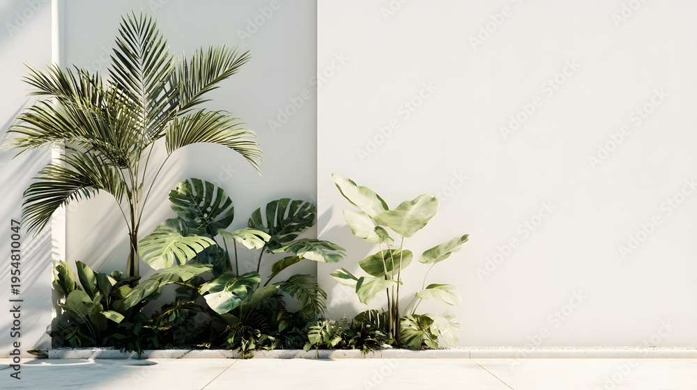 Fototapeta premium Minimalist palm plants in concrete pots. Elegant shadow on a white wall background. Modern clean interior design mockup.