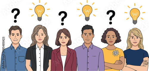 Diverse team of professional men and women with lightbulb and question mark icons for brainstorming idea generation and FAQ concept vector