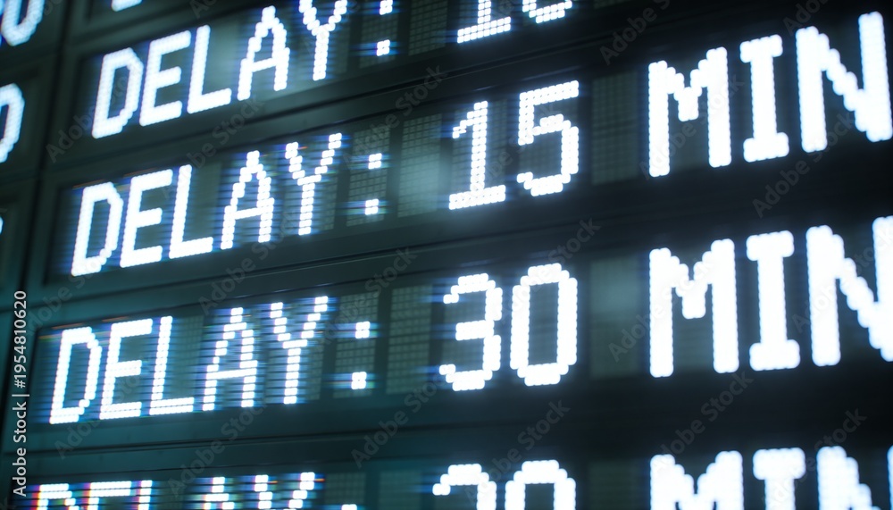 Fototapeta premium Displaying electronic delay board showing repeating DELAY times at train station with LED pixels