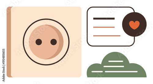 Communication, creativity, relationships, minimalism, emotions, design elements. A minimal face icon, speech bubble with text heart icon and abstract green shape. Communication and creativity