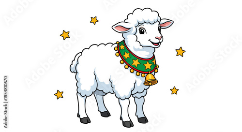 A cute cartoon sheep wearing a festive collar with a bell, surrounded by twinkling stars and a green festive collar with a golden bell