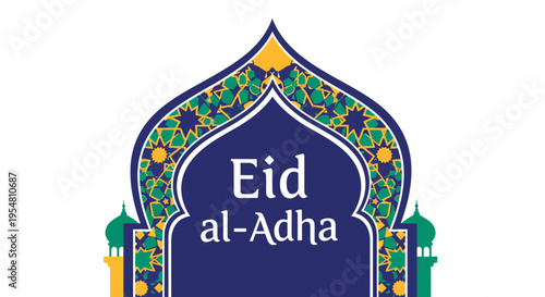 Elegant Islamic celebration greeting illustration featuring decorative mosque arch and Eid al-Adha typography with traditional geometric patterns