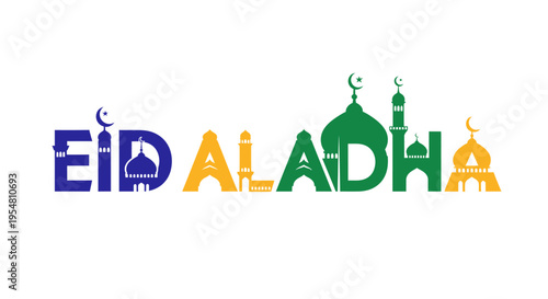 Vibrant Eid al-Adha celebration with beautifully adorned Islamic typography, symbolizing blessings and festive joy